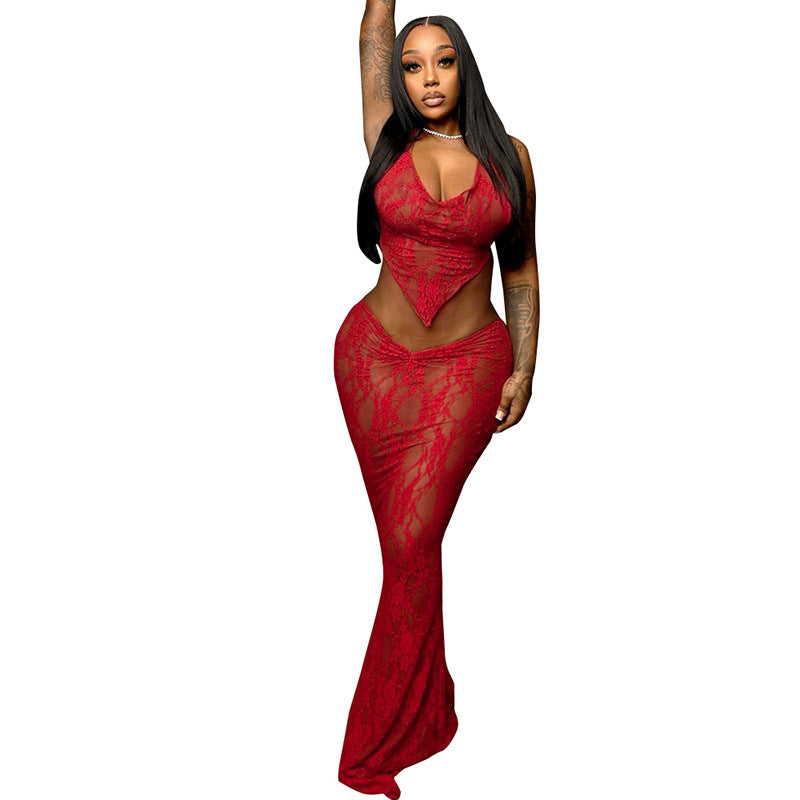 Lace-up Wrapped Chest Pleated Skirt Suit