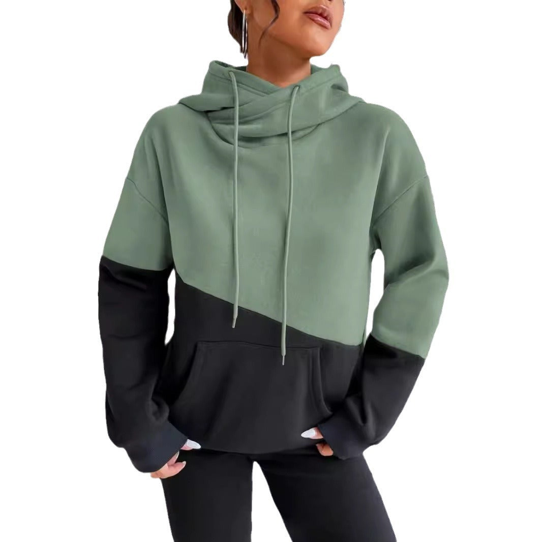 Patchwork Drawstring Loose Hooded Sweater