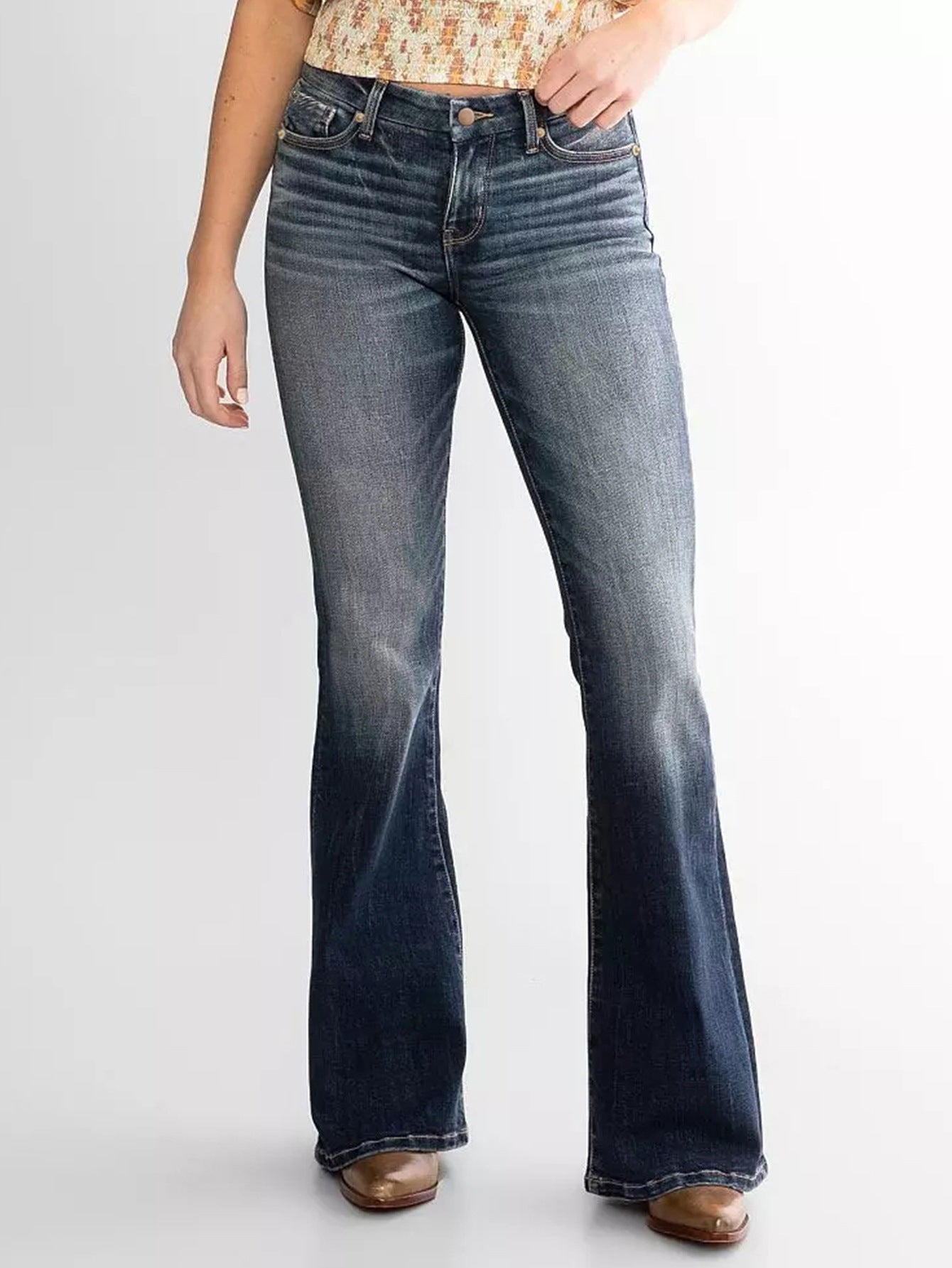Mid Waist Slim Fit Stretch Flared Jeans