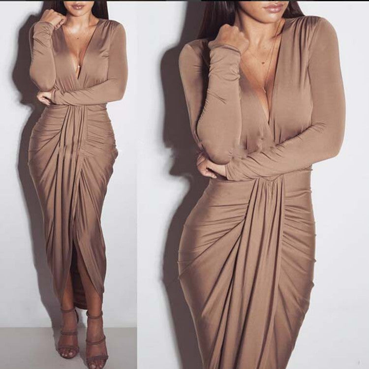 V-neck Long Sleeve Pleated Dress