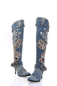 String Beads High-heeled Denim Stiletto Heel