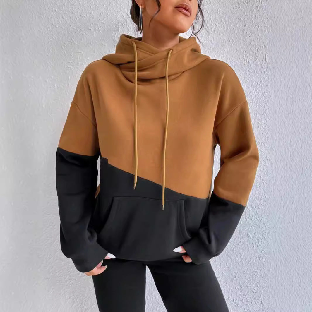 Patchwork Drawstring Loose Hooded Sweater