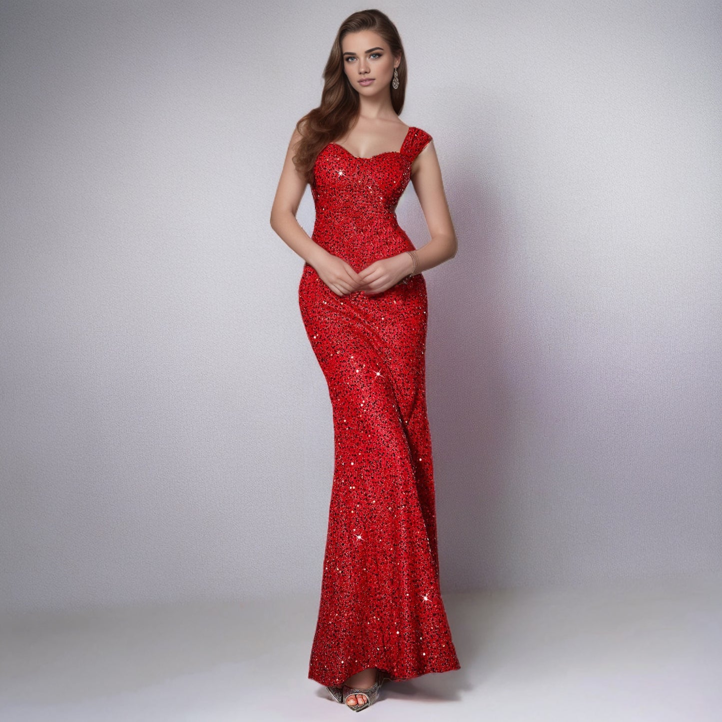 V-neck Sequin Sling High Waist Evening Dress