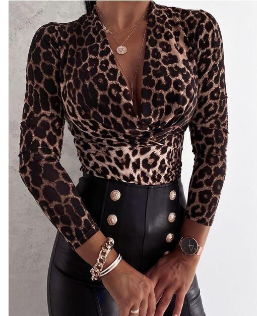Long Sleeve V-Neck Leopard Blouse