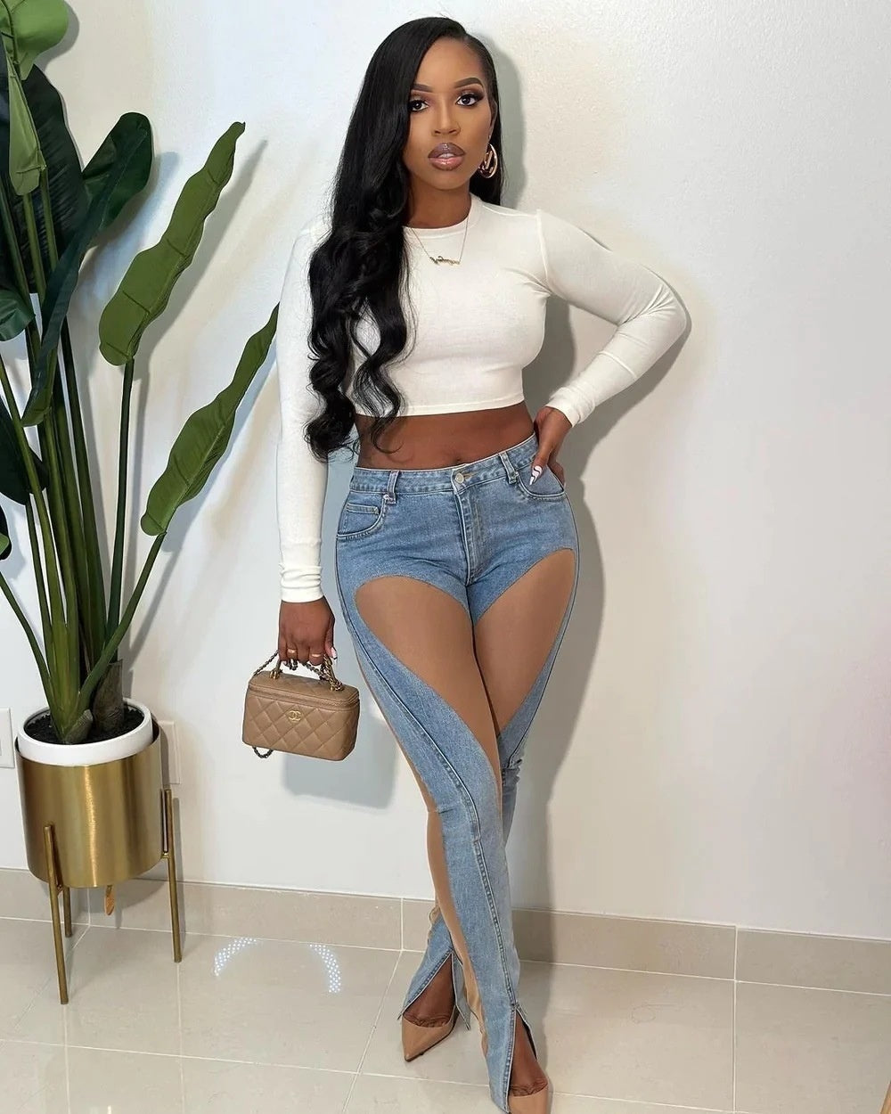 See-through Split Stretch Jeans