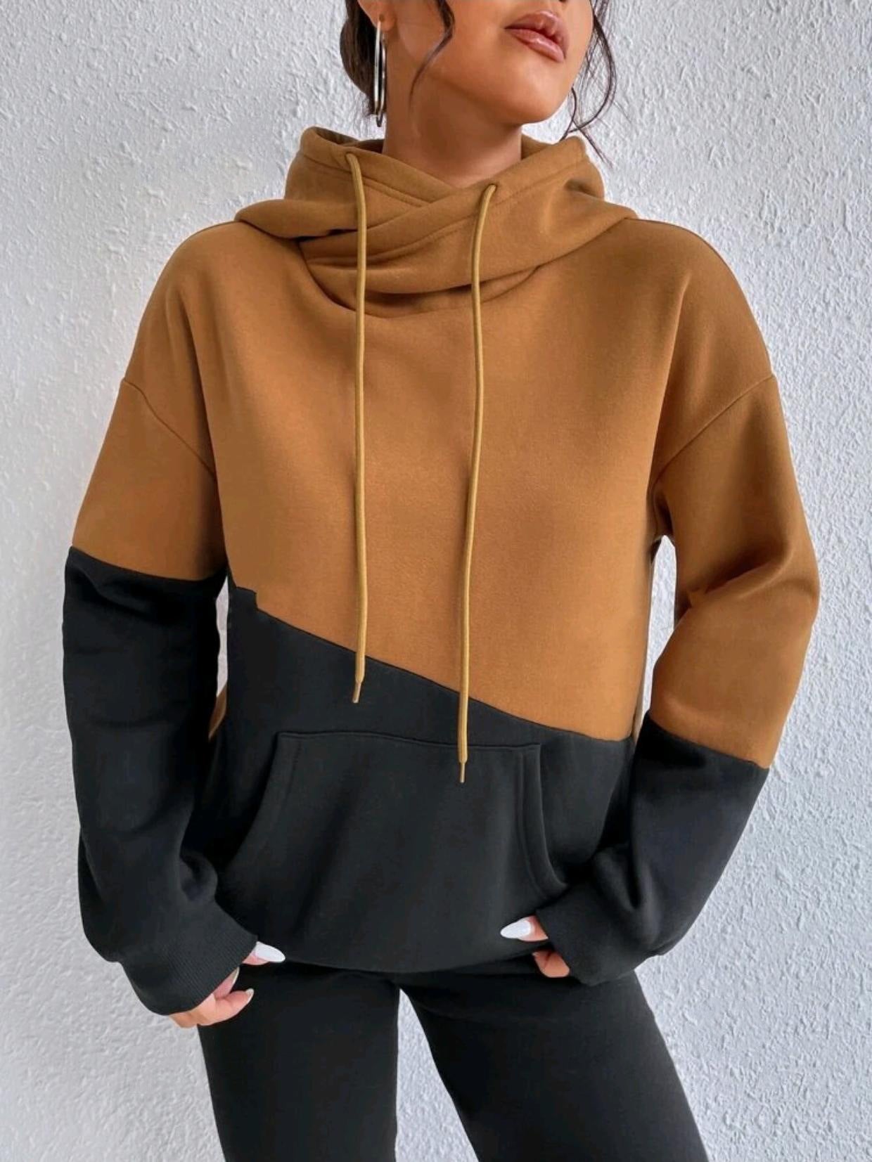 Patchwork Drawstring Loose Hooded Sweater