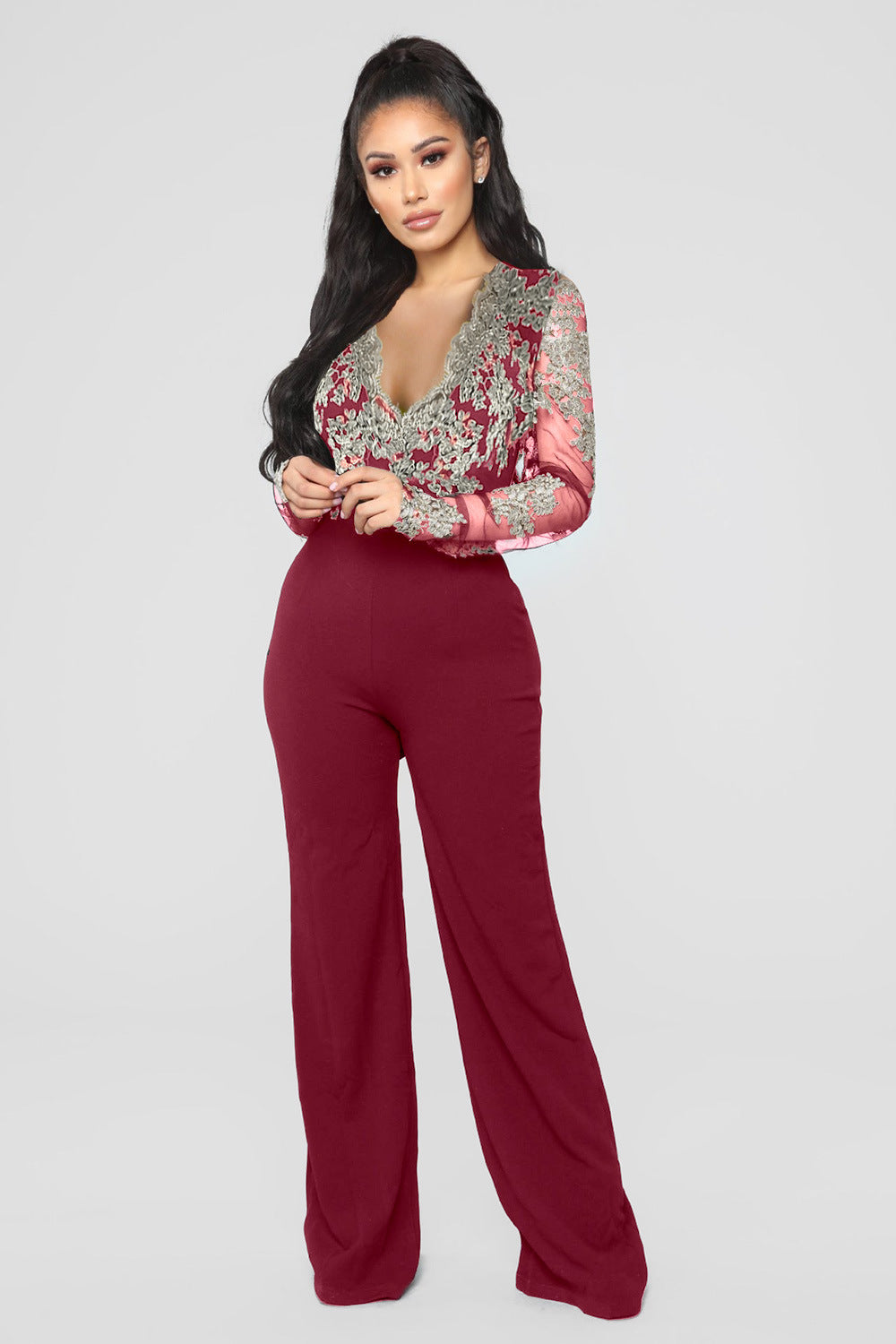 Lace V-neck Long-sleeved Wide-leg Jumpsuit