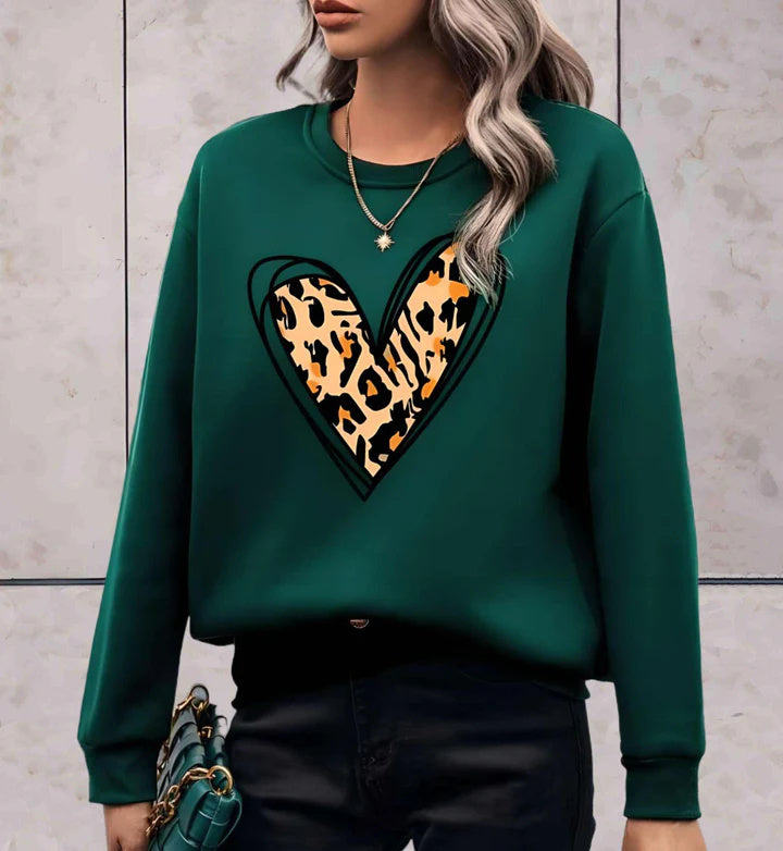 Solid Color Heart Leopard Sweater