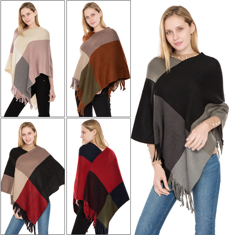 Large Plaid Color Matching Knitted Warm Shawl