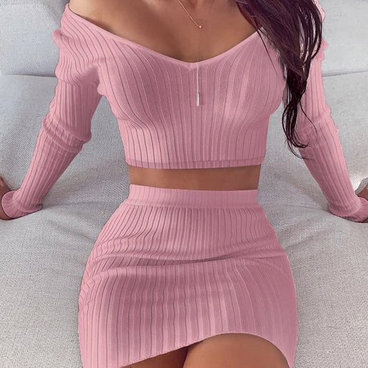 Long Sleeve Solid Color Skirt Set