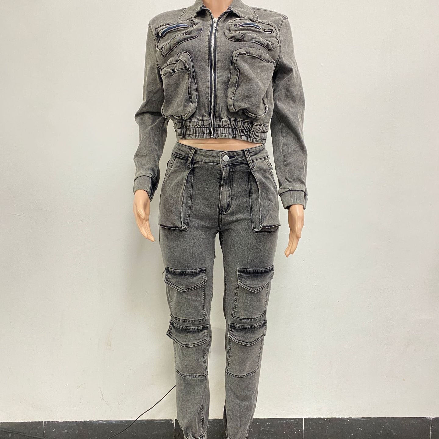 Stretch Multi-pocket Washed Denim Casual Suit Two-piece Set