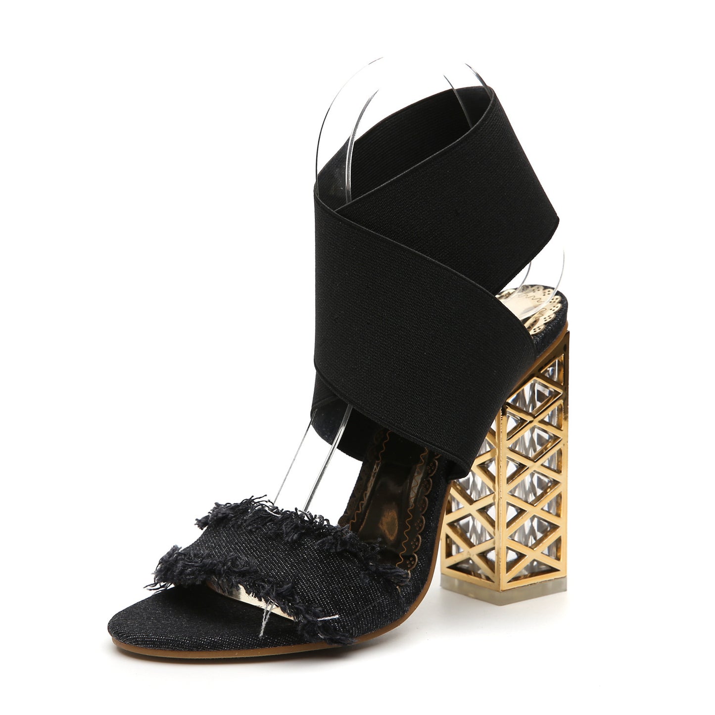 Thick-heeled Denim Fringed High-heeled