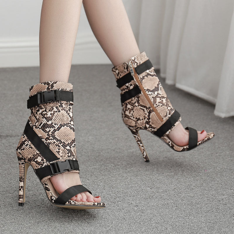 Snake print color block high heels