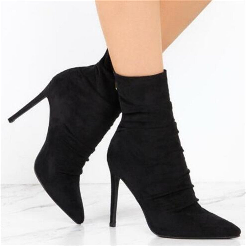 Wrinkled suede light high heel boots
