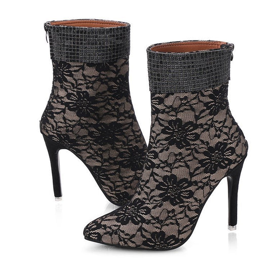 Lace mesh fine-heeled boots