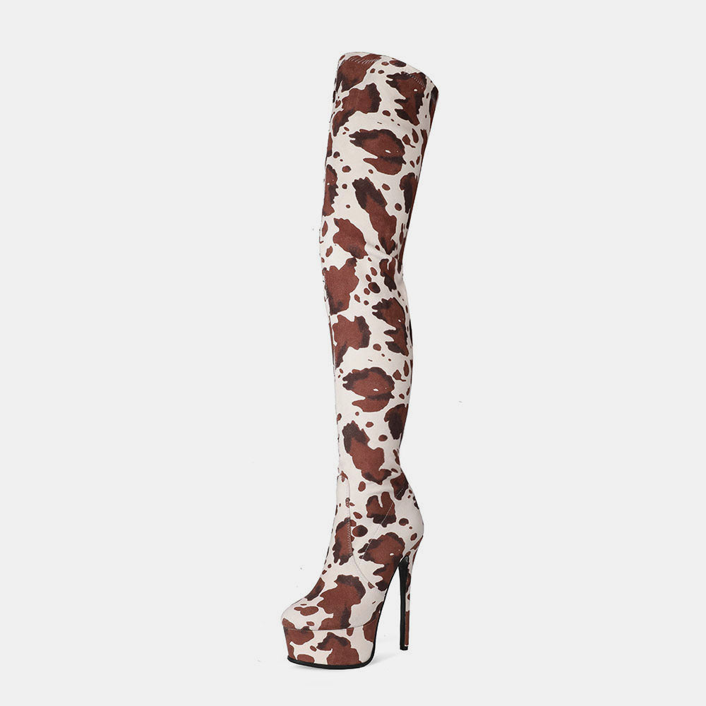 Cow Pattern Over The Knee Boots