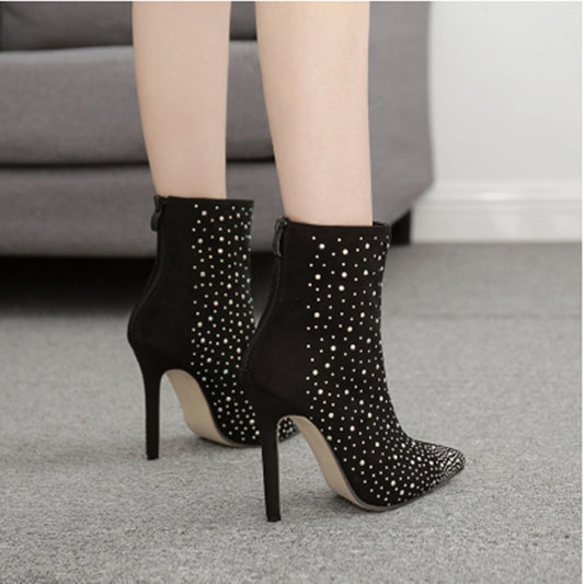 Suede Rhinestone High-heeled Boots