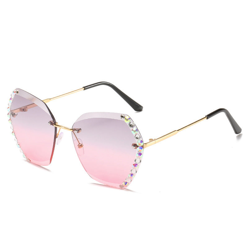 Rimless Sunglasses With Diamond-Studded Polygonal
