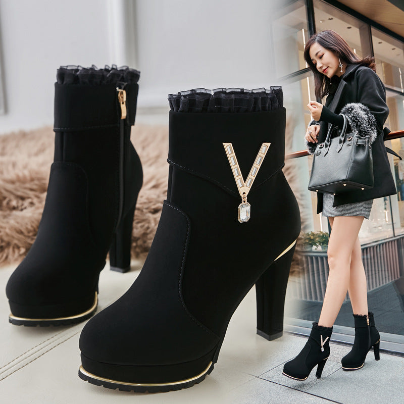 Thick Heel Solid Color Side Zipper