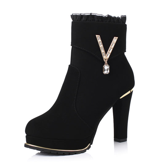 Thick Heel Solid Color Side Zipper