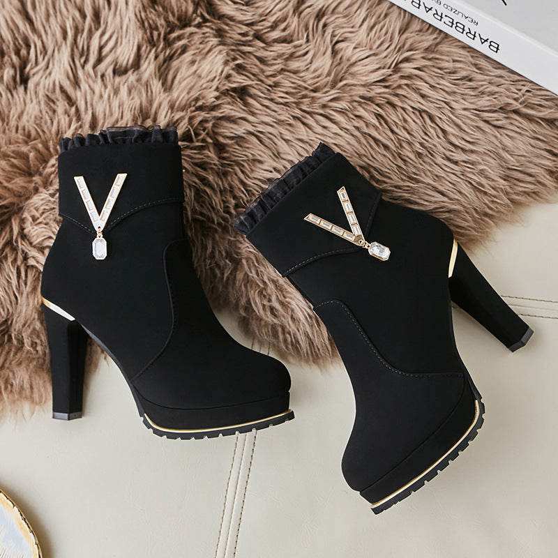 Thick Heel Solid Color Side Zipper