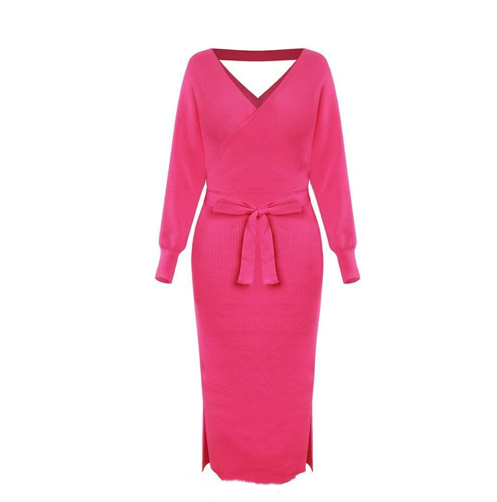 V-neck Knitted Mid-length Dress