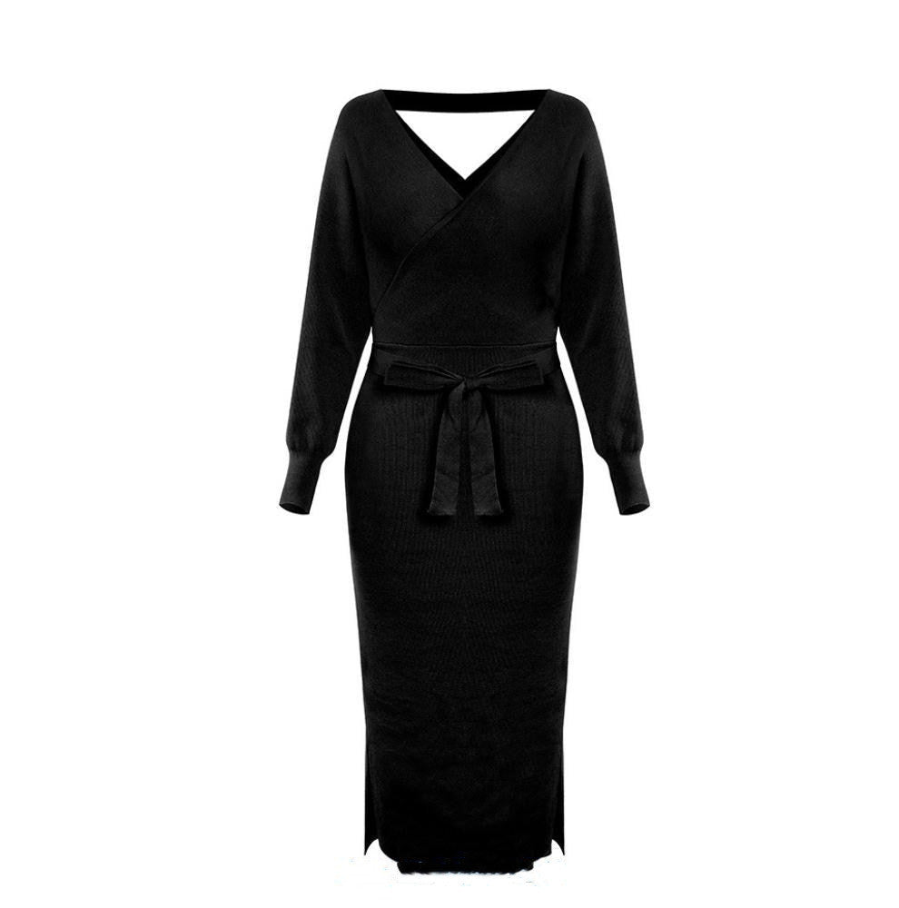 V-neck Knitted Mid-length Dress