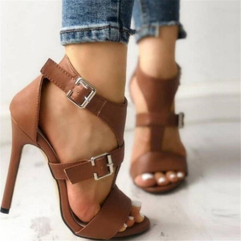 Leather Peep Toe Ankle Buckle Strap