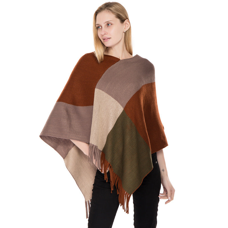 Large Plaid Color Matching Knitted Warm Shawl