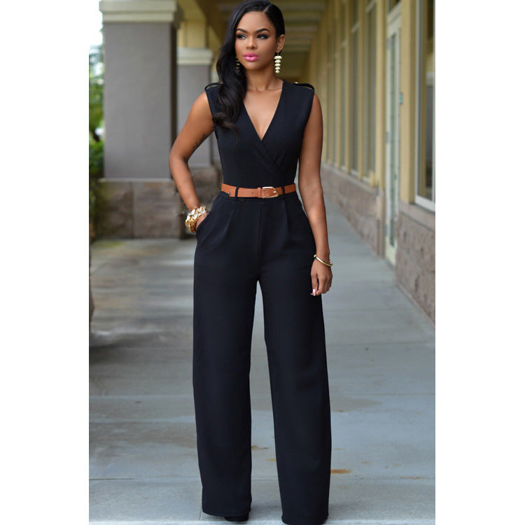 V-neck Wide-leg Pants With Belt