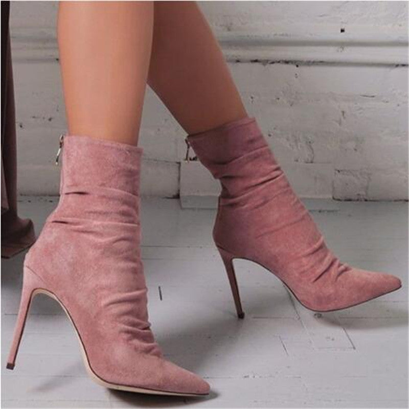 Wrinkled suede light high heel boots