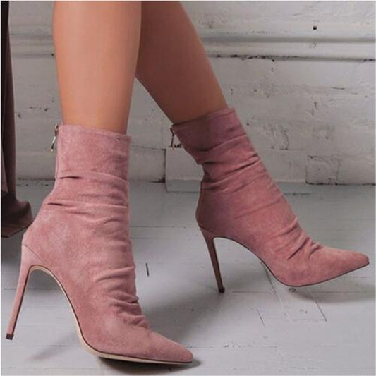Wrinkled suede light high heel boots