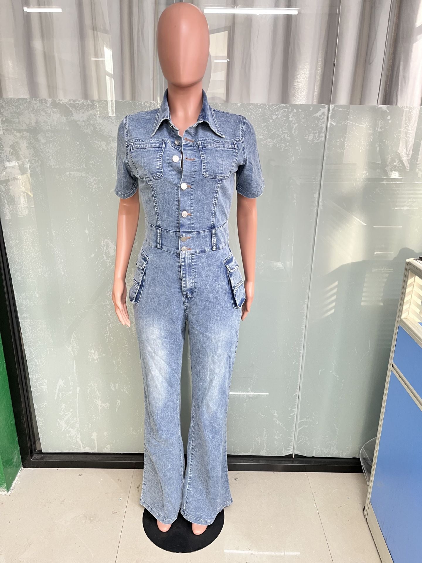 Denim Short-sleeved Jumpsuit