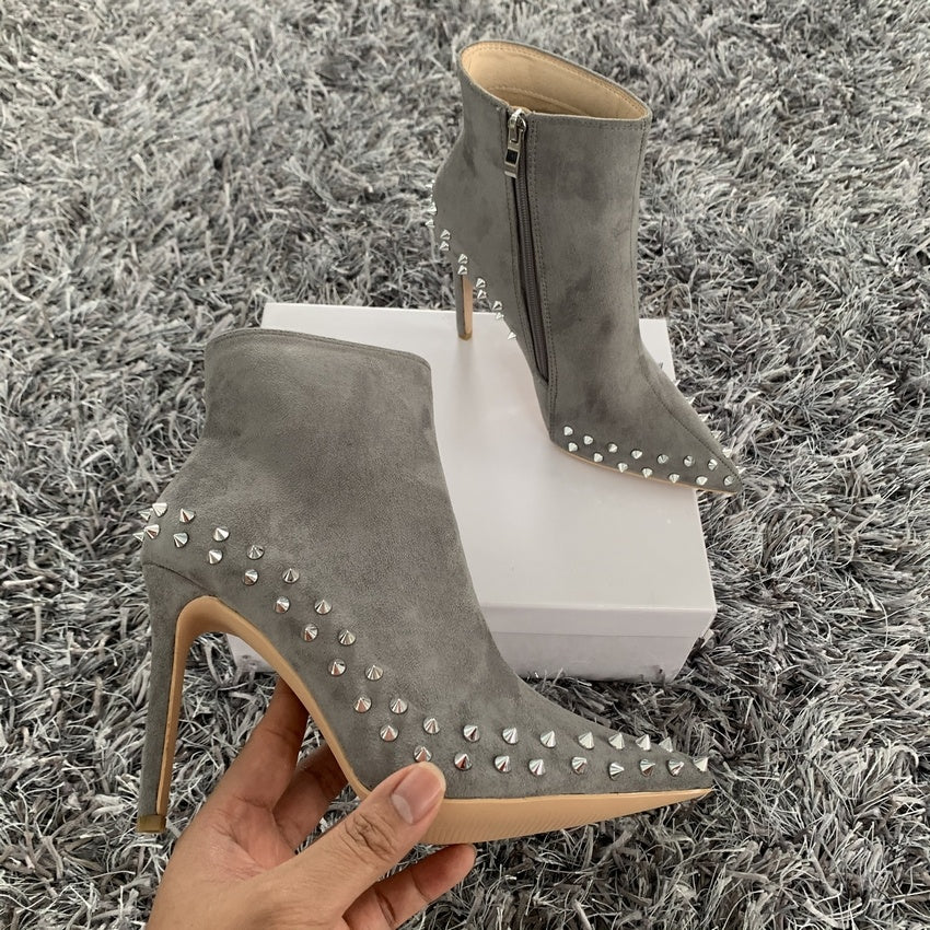 Suede Pointed Gray Rivets Zipper Boots