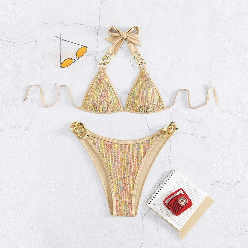 Swimsuit Sequined Lace-up Gold Bikini