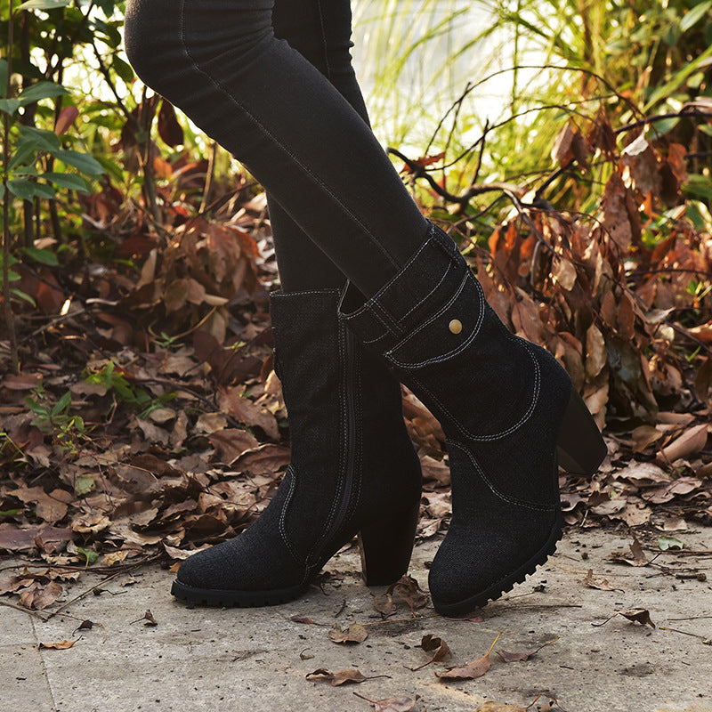 Denim Mid Tube Women Boots