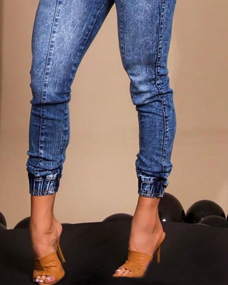 Elastic Waist Lace Up Slim Fit Jeans