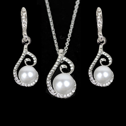 Diamond Pearl Drop Necklace Jewelry Set