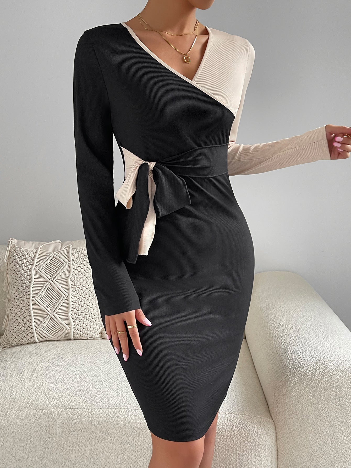 V-neck Long-sleeve Dress