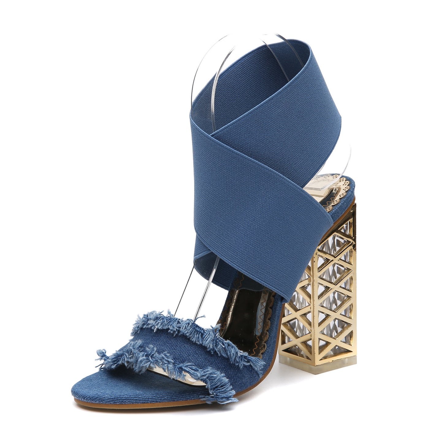 Thick-heeled Denim Fringed High-heeled