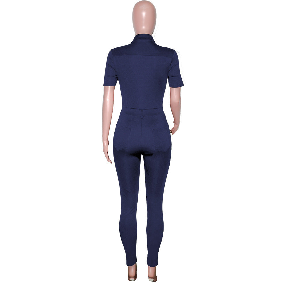 Casual Polo Collar Short-sleeved Jumpsuit