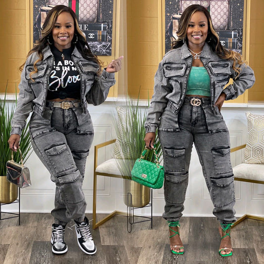 Stretch Multi-pocket Washed Denim Casual Suit Two-piece Set