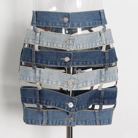 Contrast Patchwork Hollow Out Buckle A- Line Skirt