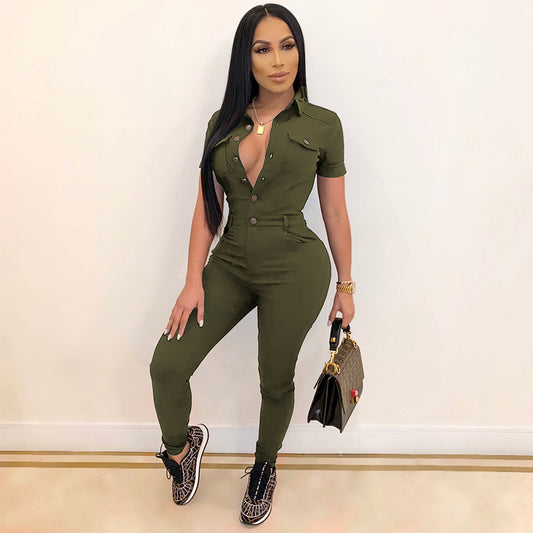 Casual Polo Collar Short-sleeved Jumpsuit