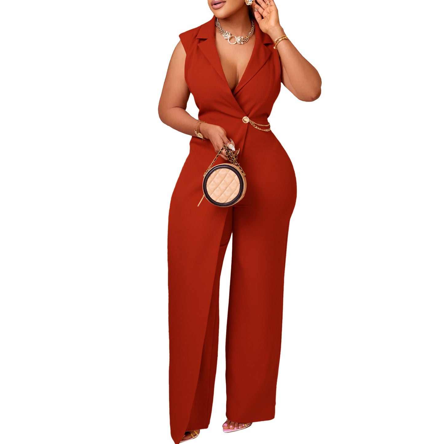 Suit Collar Tight Waist Chain Jumpsuit