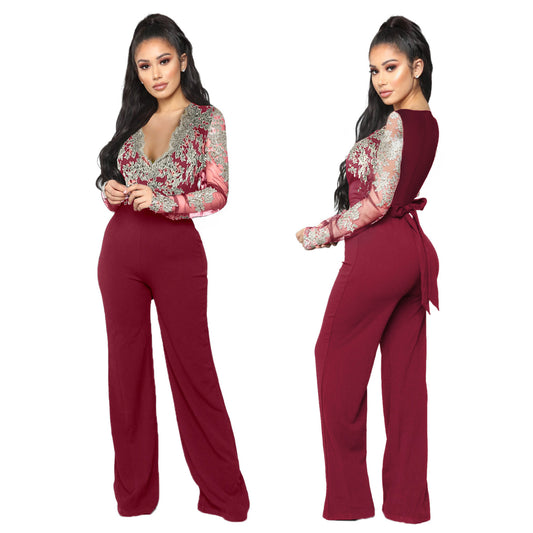 Lace V-neck Long-sleeved Wide-leg Jumpsuit