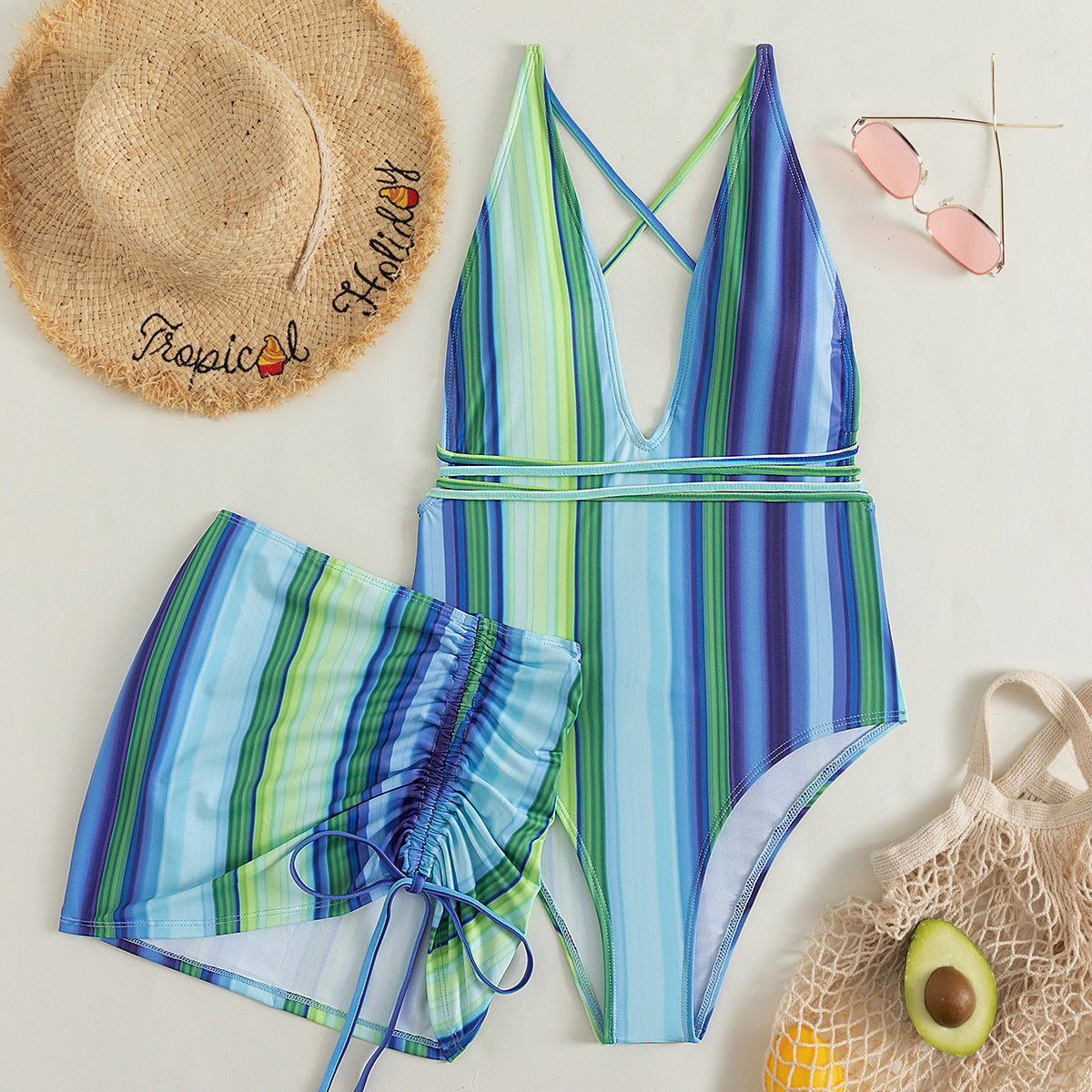 Two-piece Drawstring Backless Swimsuit