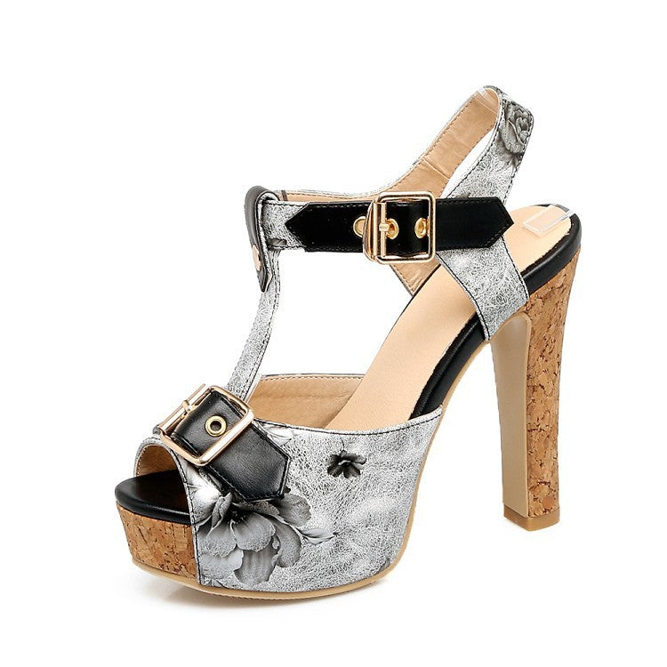 T-strap high heels with belt buckle