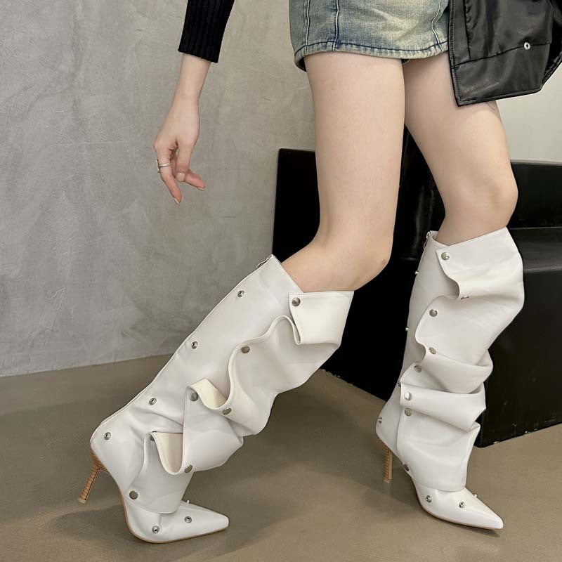 Two-way Stiletto Heel Denim Pleated
