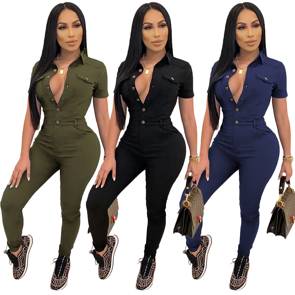 Casual Polo Collar Short-sleeved Jumpsuit